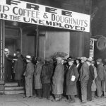 Great Depression, people lining up for free soup