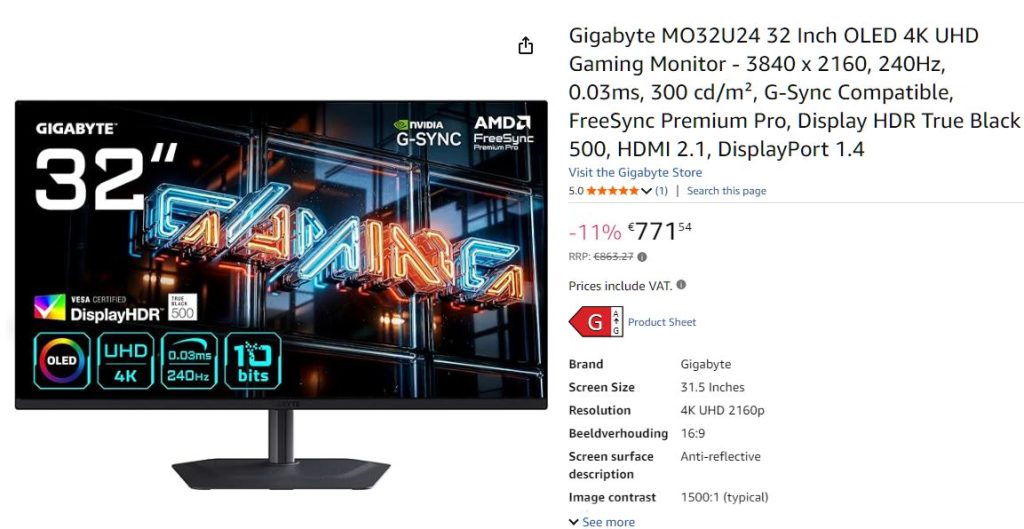 Gigabyte MO32U24 32'' Monitor on Samsung 5-gen OLED panel